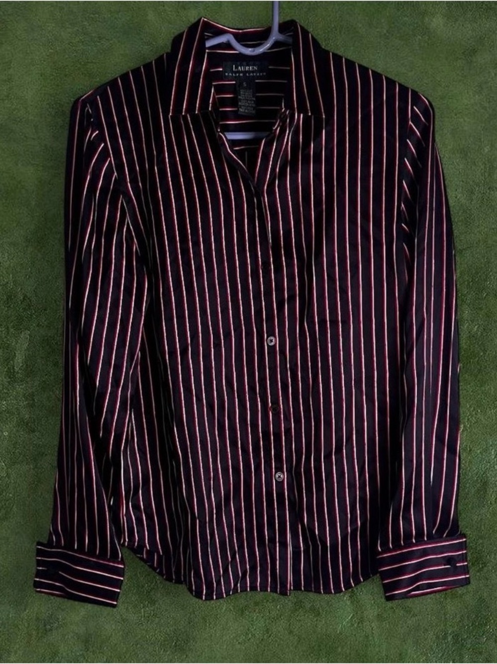 Lauren Ralph Lauren 100% Silk Blouse Womens Black Red Striped Button Front